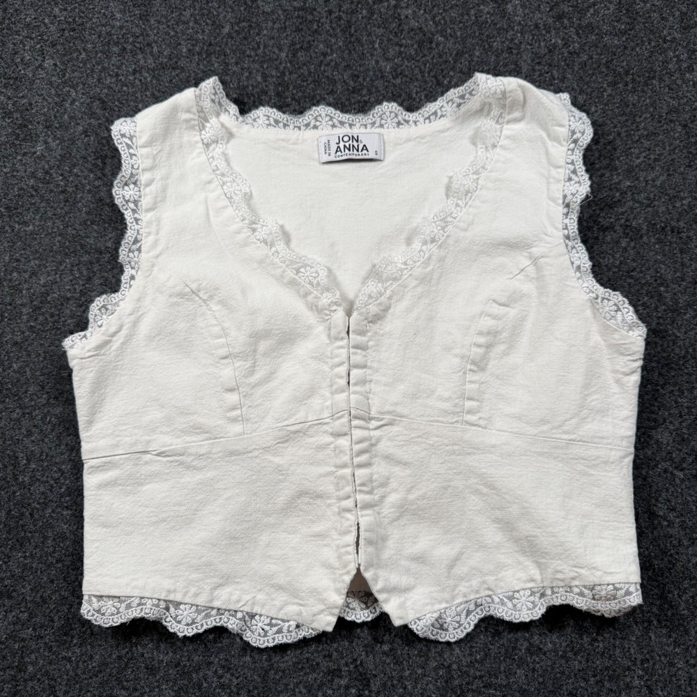 Jon & Anna White Lace Trim Cropped Vest Top Hook Eye Sleeveless Waistcoat Small